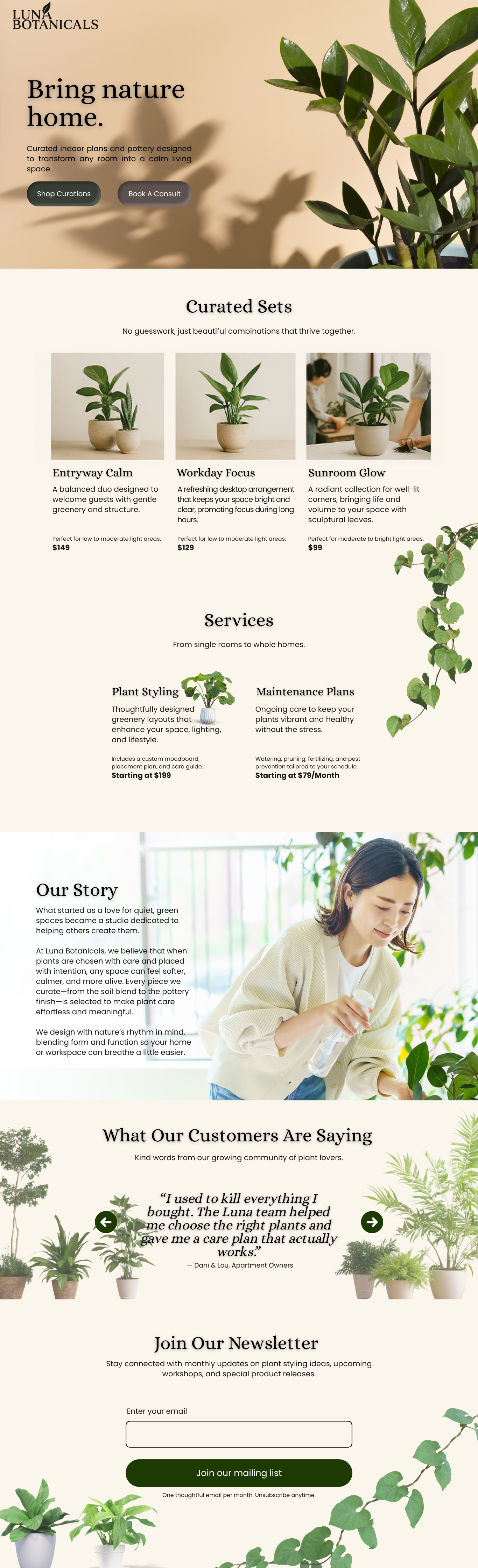 Luna Botanicals — Plant Studio Website Mockup
