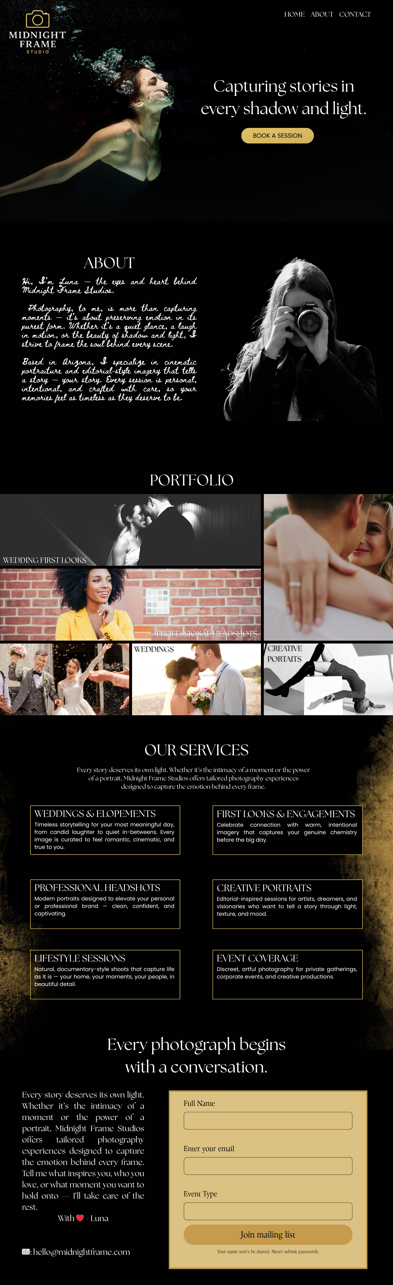 Midnight Frame Studios — Photography Studio Website Mockup